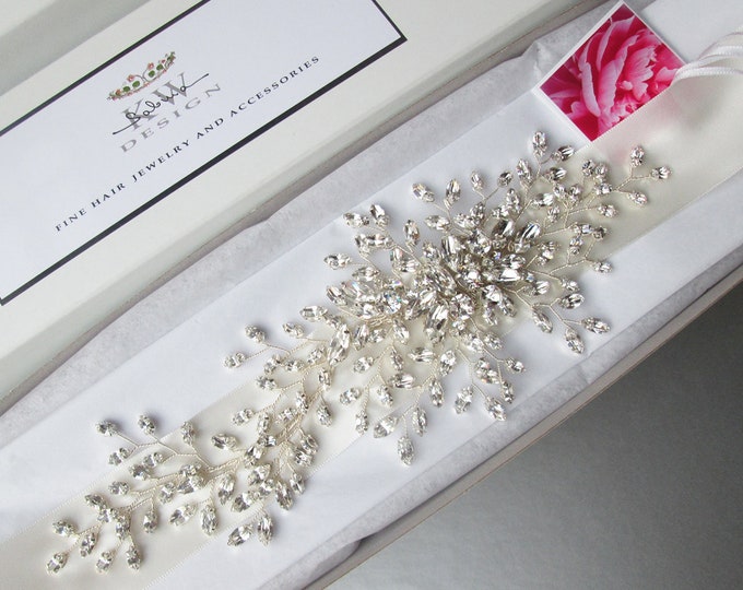 Bridal belt, Couture Premium European Crystal belt, Crystal belt sash in silver, Wide Wedding belt, Floral Waist sash