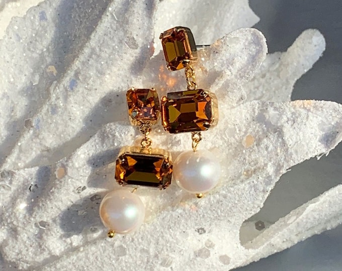 Featured listing image: Fine Pearl and topaz crystaldrop earrings, Crystal earrings, Golden brown earrings, Large cultured freshwater pearl citrine crystal Dangling