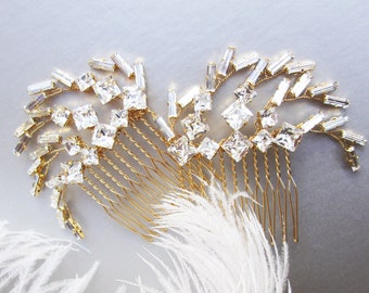 Celebration - Premium European Crystal bridal hair combs, Spark Spray Wedding hair comb set, Party combs Feather crystal combs gold silver
