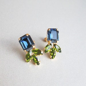 Espárragos azules, espárragos de cristal de zafiro azul de Montana, pendientes verdes de peridoto, pendientes de botón delicados en rosa de plata dorada, damas de honor del banquete de boda