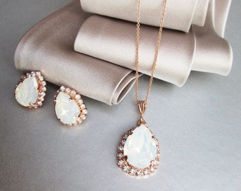 Witte opaal kristallen sieraden set, bruids kristallen oorbellen ketting set, opaal bruidsmeisjes sieraden in goud zilver rose goud