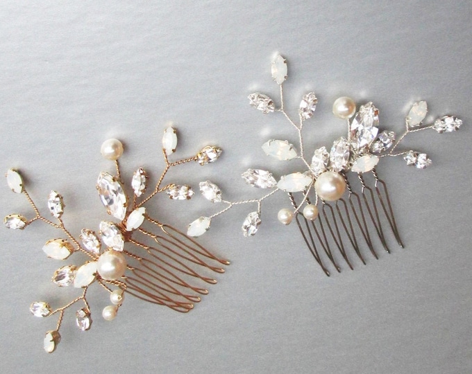 Opal crystal and pearl Premium European Crystal hair comb, Bridal crystal comb, Opal pearl comb, Delicate Wedding comb Gold Silver Rose gold