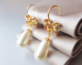 Bow crystal teardrop pearl earrings, Crystal bridal dangling earrings, Bridal drop earrings in gold, silver, rose gold