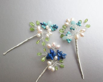 Blossoming gemstone branches hair pins, Bridal blue hair pins, Gemstone pins, Pearl and gem hair pins, Wedding hair pins something blue