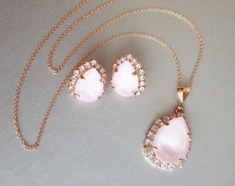 Powder Rose Premium European Crystal jewelry set, Bridal crystal earrings necklace set, Pink Bridesmaids jewelry in gold silver rose gold