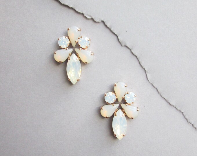 Opal Rose gold Bridal crystal earrings, Crystal stud earrings, Bridal rhinestone earrings, Wedding studs