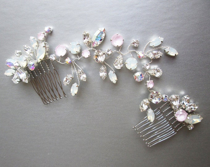 Iridescent crystal bridal hair vine, Bridal hair comb, Wedding hair comb in rose gold, gold, silver, Opal, pink, AB