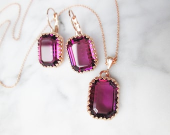 Ensemble de bijoux en cristal d'améthyste, ensemble de collier de boucles d'oreilles de bijoux de prune pourpre, bijoux de demoiselles d'honneur de mariée or, argent, or rose