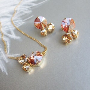 Cognac and Champagne jewelry set, Bridal wedding jewelry, Bridal party earrings and necklace pendant set in gold, silver, rose gold