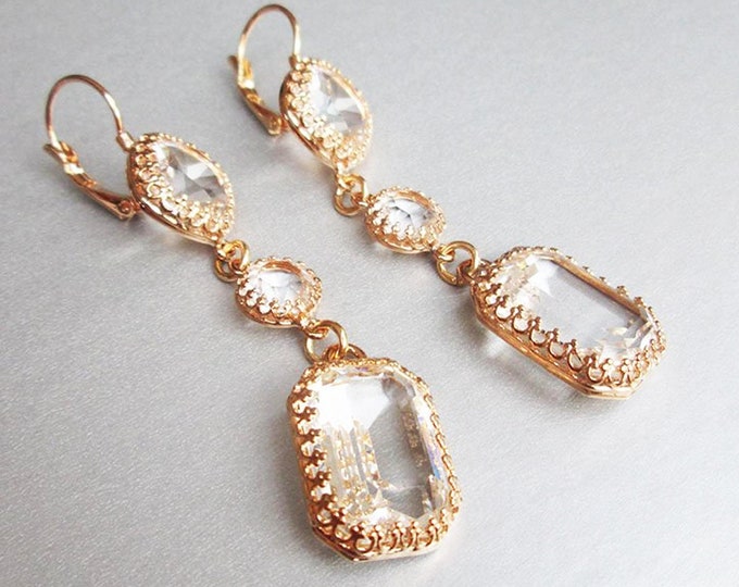 Transparent crystal bridal earrings, Emerald cut drop earrings, Linear earrings in gold, silver, rose gold, Long Wedding earrings