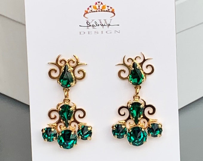 Emerald earrings, Vintage style crystal earrings, Rhinestone earrings, Bridal chandelier drop earrings in gold, silver, rose gold