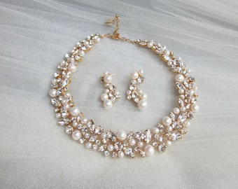 Bruidsketting parel en kristal, bruidsstatementketting gekweekte zoetwaterparel, parelsieradenset