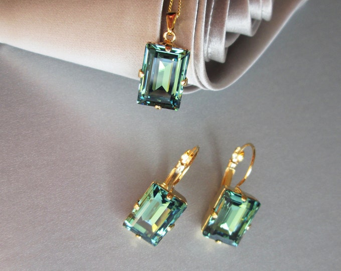 Green Erinite Swarovski crystal bridal earrings and necklace set, Rhinestone earrings in gold, silver, rose gold, Wedding party earrings