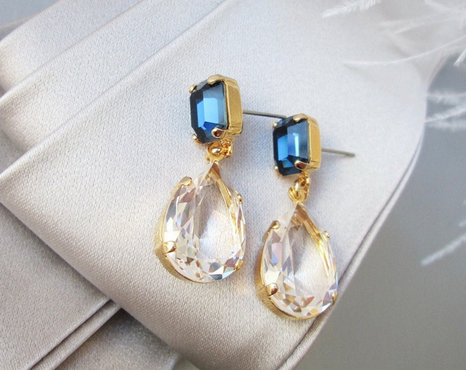 Something blue transparent drops, Crystal bridal earrings teardrop cut earrings, Drop earrings gold silver rose gold Sapphire blue