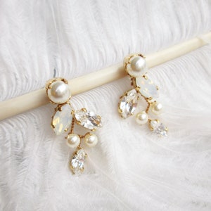 Opal crystal and pearl stud earrings, Premium European Crystal opal bridal earrings, Bridesmaids earrings in gold, rose gold  or silver