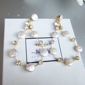 Pearl hoops, Iridescent shimmer freshwater pearl earrings,, Bridal earrings, Large hoop coin high luster pearls earrings