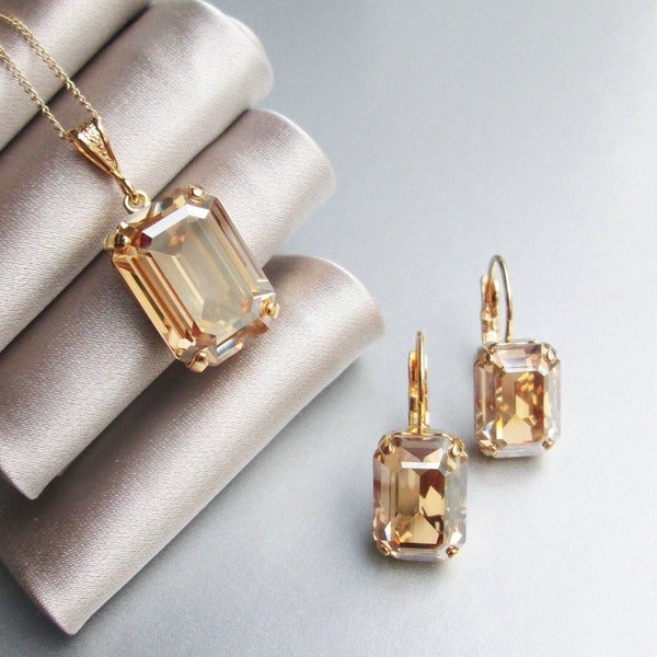 Conjunto de joyas de cristal champán: collar y pendientes de novia de corte esmeralda