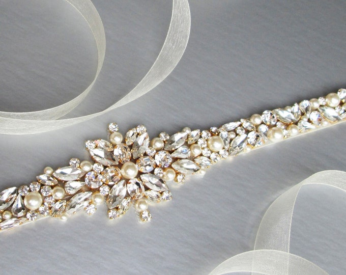 Bridal belt, Crystal and pearl sash, Beaded rhinestone and pearl crystal waist sash, Thin crystal belt in gold, silver, rose gold