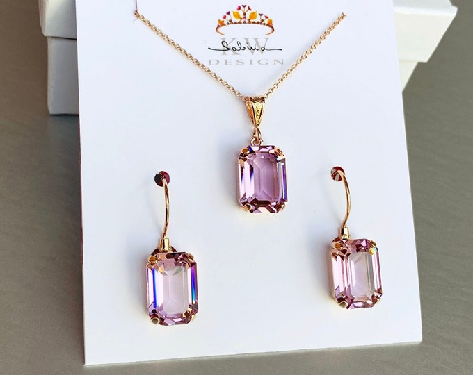 Amethyst jewelry set, Bridal crystal earrings necklace set, Transparent crystal pale purple pink jewelry bridal , bridesmaids, girls