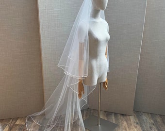 Drop veil with delicate trim, Barely there cascading sheer drop veil with satin trim, Long soft bridal veil with blusher and ribbon edge