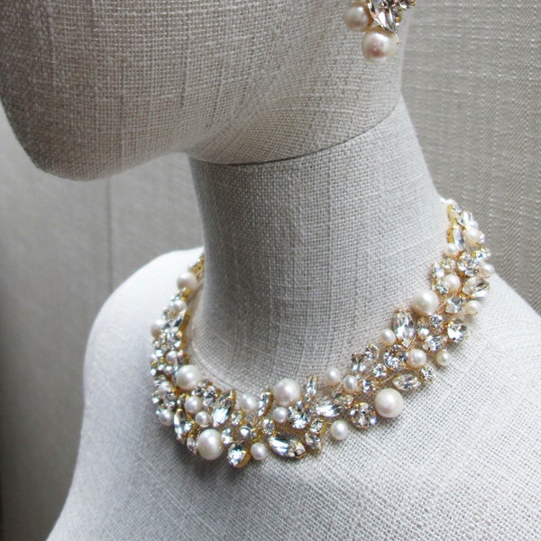 Crystal And Pearl Formal Statement Necklace Set