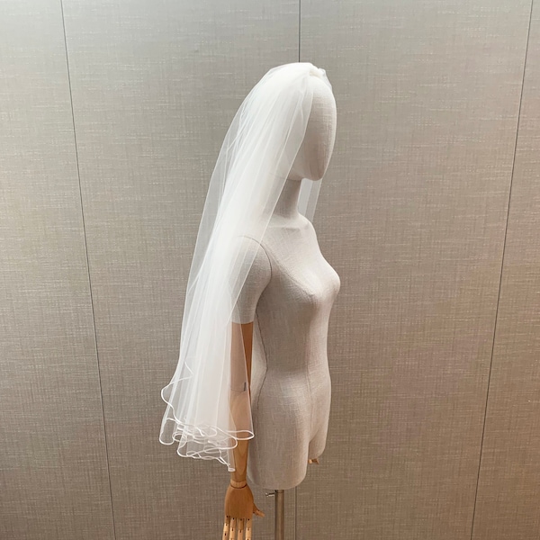 Bridal veil two-tier veil fingertip length, Ribbon edge mid length veil, Satin trim Wedding veil with blusher