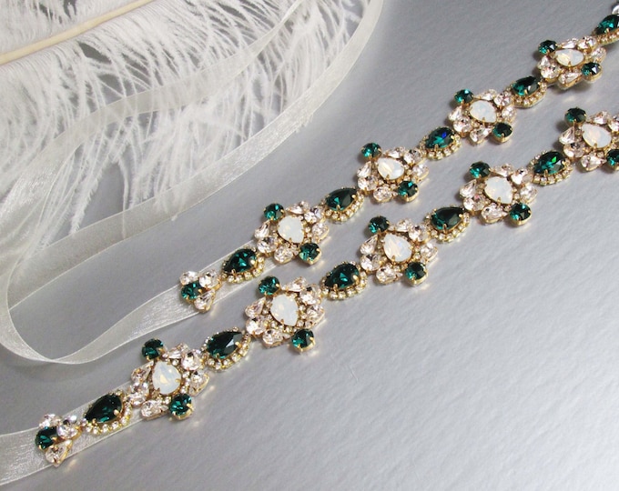 Green belt, Emerald Bridal belt sash, Crystal belt white opal in silver or gold, Wedding belt, Opal bridal belt, Rhinestone bridal sash