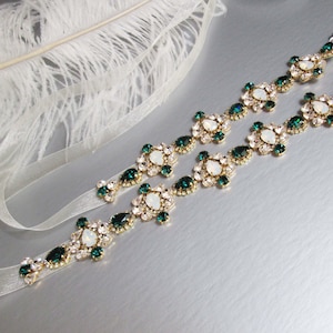 Green belt, Emerald Bridal belt sash, Crystal belt white opal in silver or gold, Wedding belt, Opal bridal belt, Rhinestone bridal sash