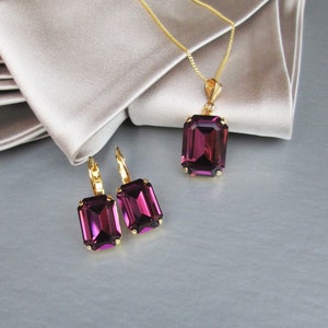 Amethyst crystal jewelry set, Bridal crystal earrings necklace set, Purple plum Bridesmaids jewelry set in gold, silver, rose gold
