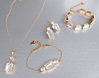 Crystal jewelry, Emerald cut bridal earrings, pendant necklace, bracelet, Rhinestone earrings gold, rose gold, silver, Wedding jewelry set