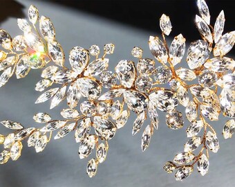 Crystal applique, Bridal crystal belt dress brooch design, Wedding dress floral embellishment, Gold, silver, rose gold