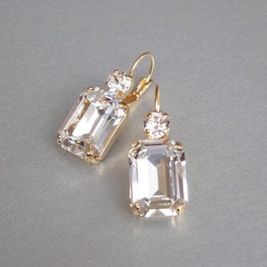Crystal bridal gold earrings, Emerald cut bridal earrings, Rhinestone earrings in gold, rose gold, silver, Wedding drop earrings