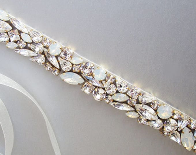 Opal bridal belt, Premium European Crystal sash, Beaded rhinestone crystal white opal waist sash, Wedding belt in gold or silver, rose gold