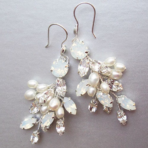 Bridal shops crystal and pearl earrings, Crystal bridal earrings, Leaf vine earrings, Bridal opal drop earrings in gold or silver