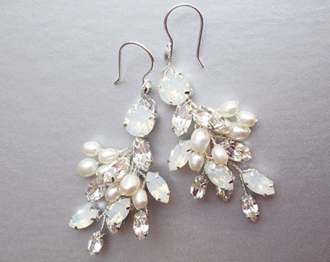 Bridal crystal and pearl earrings, Crystal bridal earrings, Leaf vine earrings, Bridal opal drop earrings in gold or silver