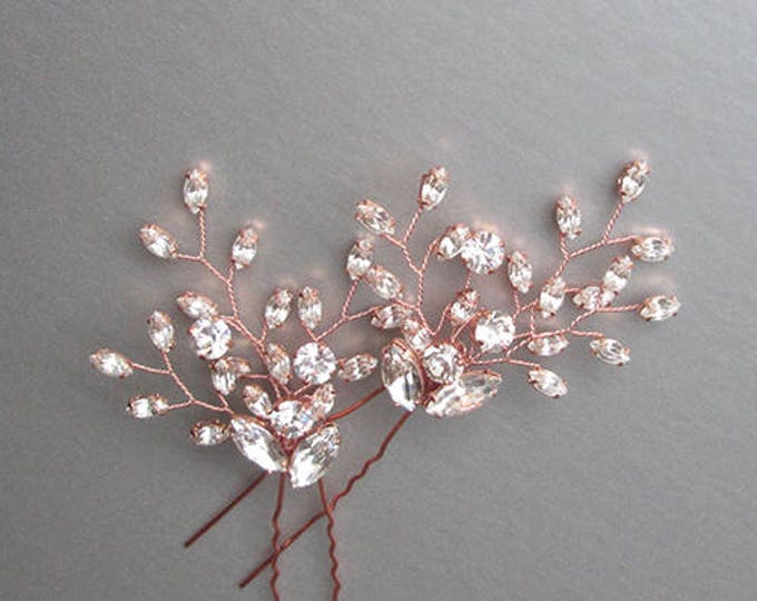 Crystal hair pins, Bridal crystal hair pins, Wedding hair pins, Floral hair pin, Sparkly bridal pin, Rose gold pins