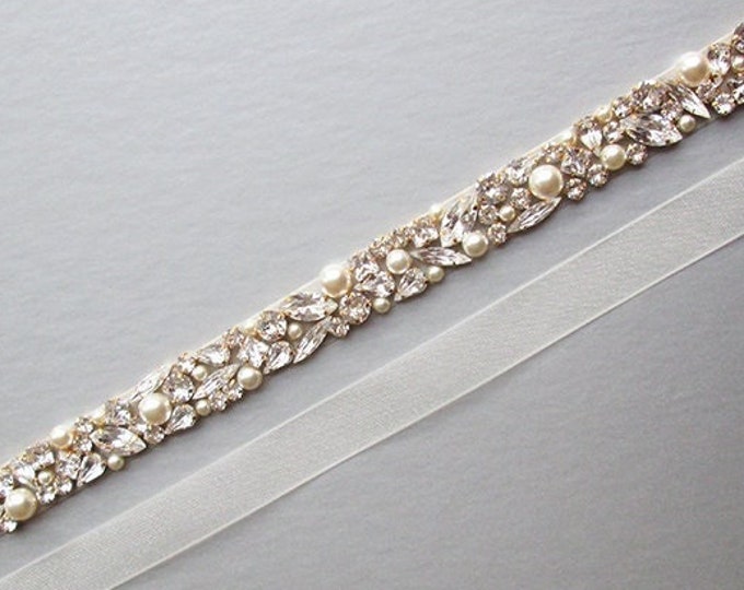 Bridal belt, Crystal and pearl sash, Beaded rhinestone and pearl crystal waist sash, Thin crystal belt in gold, silver, rose gold