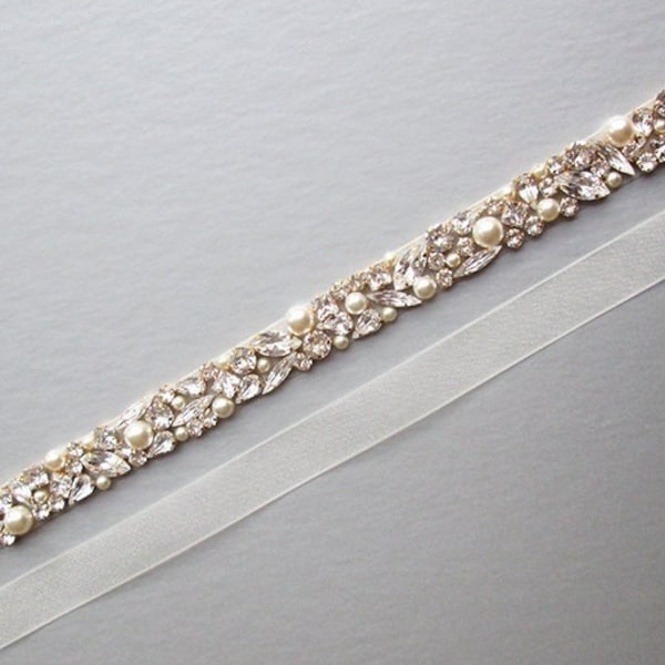 Thin Pearl Crystal Belts, Rhinestone Beaded Sash, Handmade Belts for Wedding, CB003 main image 1