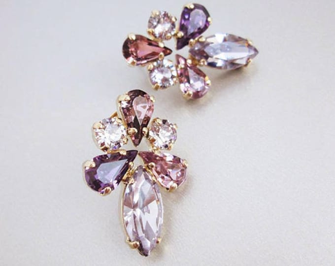 Lavender lilac Bridal crystal earrings, Crystal bridal stud earrings, Rhinestone studs in lavender, purple