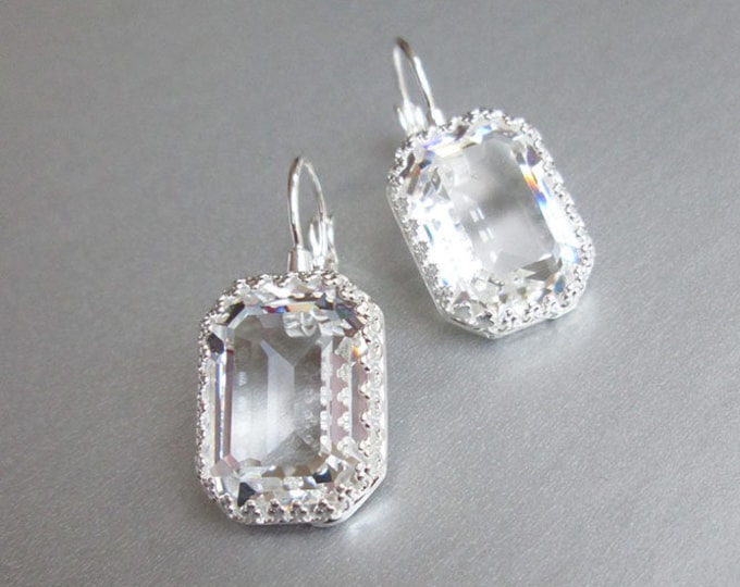 Transparent crystal bridal earrings, Emerald cut drop earrings, Clear stone earrings in gold, silver, rose gold, Wedding earrings