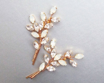 Opal crystal hair pins, Bridal crystal bobby pins, White opal Leaf crystal hair pins, Wedding crystal bobby pins, One pair