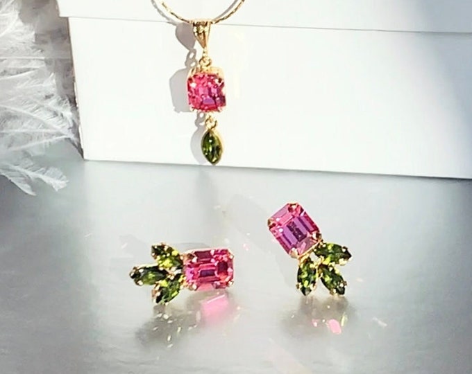 Pink Rose Premium European Crystal earrings necklace set, Pink tourmaline and green peridot Dainty jewelry, Bridal bridesmaids flower girl