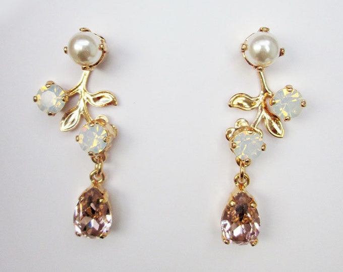 Bridal earrings, Vintage style crystal and pearl earrings, Floral drop earrings in gold, silver, rose gold, Opal and pale pink