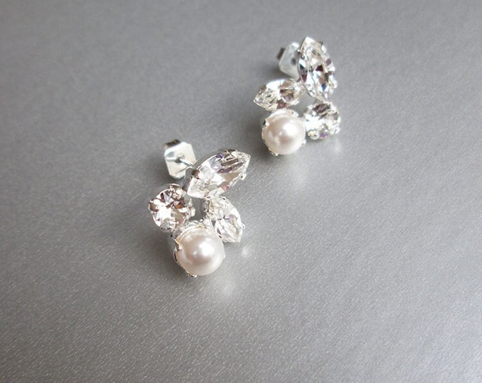 Dainty crystal and pearl studs, Premium Quality European Crystal bridal earrings, Rhinestone earrings in gold, silver, rose gold, Wedding