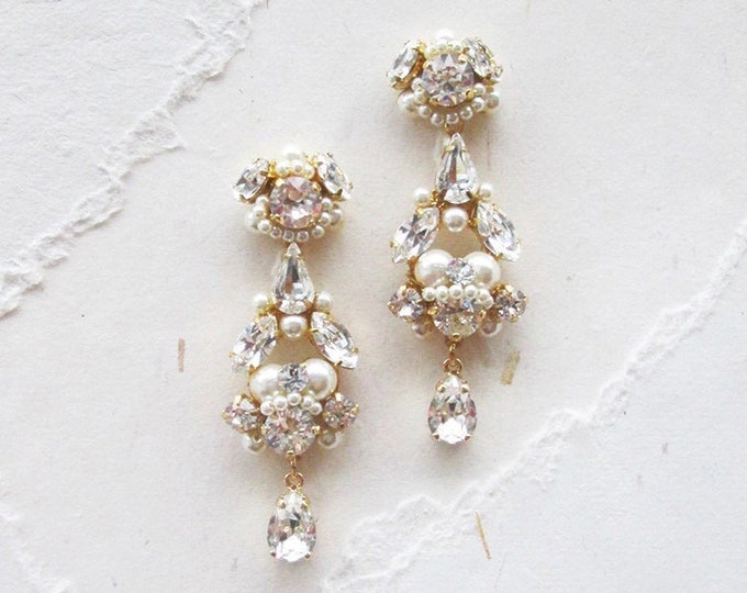 Bridal crystal and pearl earrings, Premium European Crystal earrings, Vintage style chandelier earrings gold, silver, Drop earrings Dangling