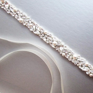 Bridal belt, Crystal and pearl sash, Beaded rhinestone and pearl crystal waist sash, Thin crystal belt in gold, silver, rose gold