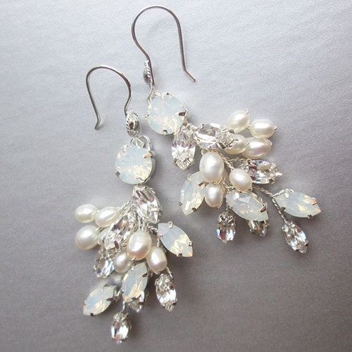 Bridal shops crystal and pearl earrings, Crystal bridal earrings, Leaf vine earrings, Bridal opal drop earrings in gold or silver