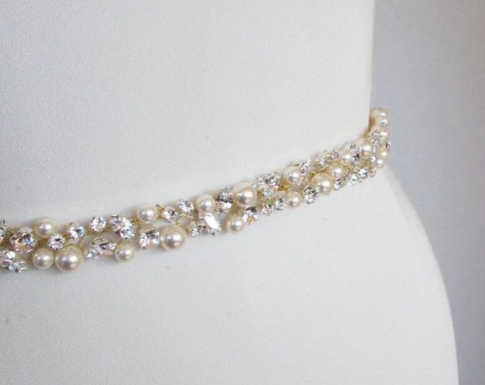 Bridal belt, Bridal belt, Pearls and crystal sash, Beaded rhinestone and pearl crystal waist sash, Petite crystal belt in gold or silver