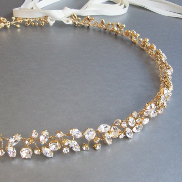 Floating Crystal Bridal Belt Sash: Gold Wedding Dress Belt
