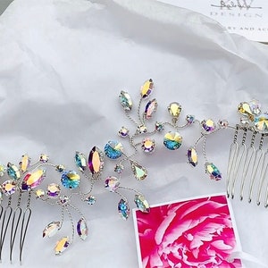 Iridescent Premium European Crystal bridal hair vine, Bridal hair comb, Wedding hair comb in rose gold, gold, silver, AB